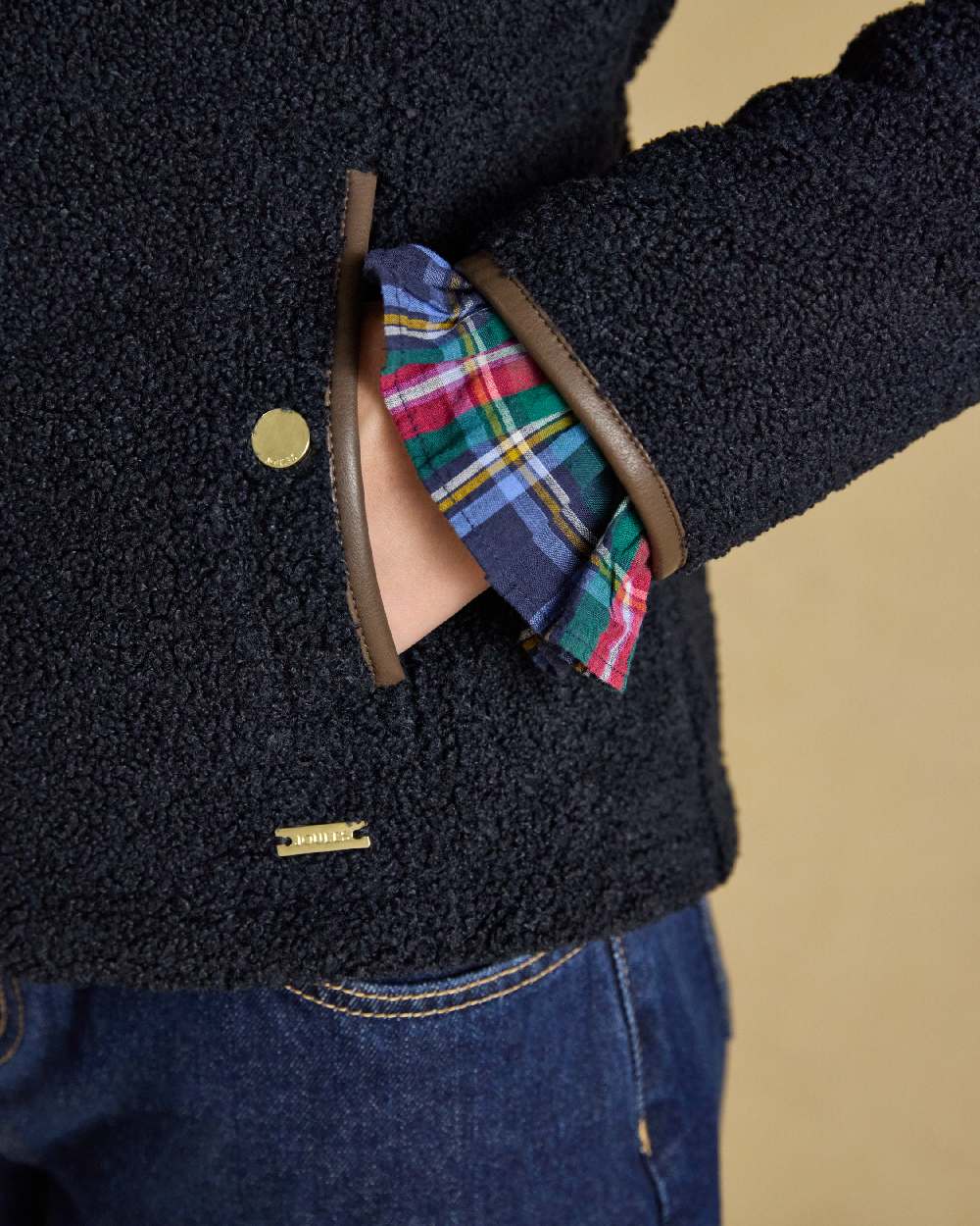 Navy Coloured Joules Borg Womens Heritage Full Zip On Beige Background 