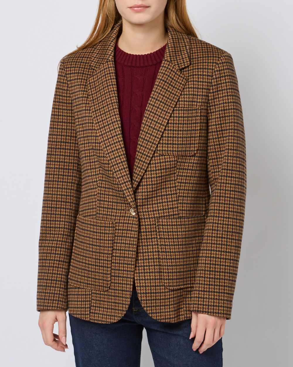 Check coloured Joules Womens Albury Cotton Blazer on plain background 