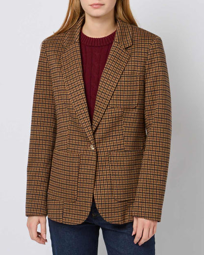 Check coloured Joules Womens Albury Cotton Blazer on plain background 
