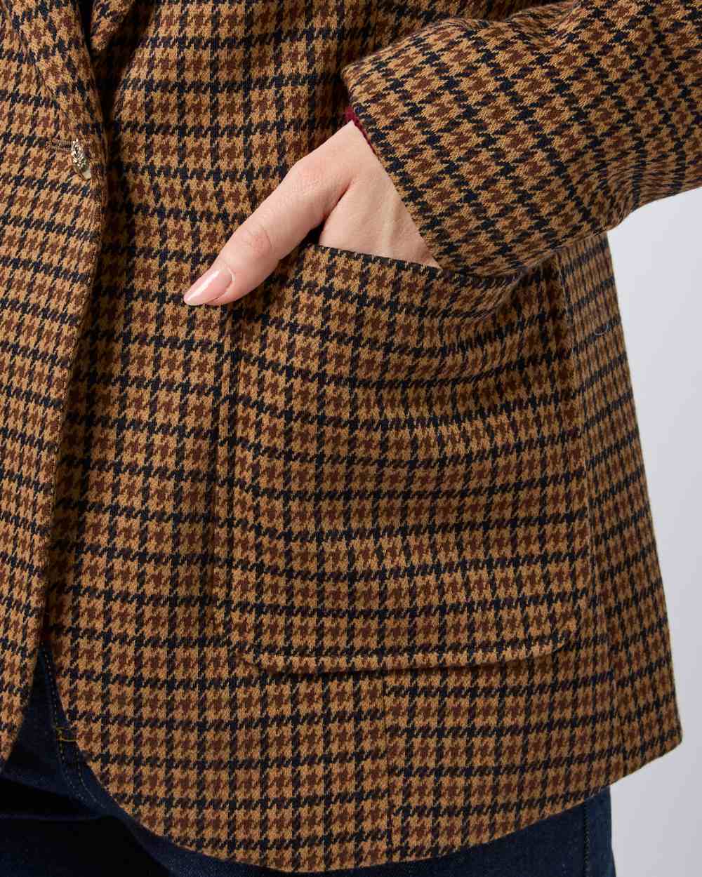 Check coloured Joules Womens Albury Cotton Blazer on plain background 