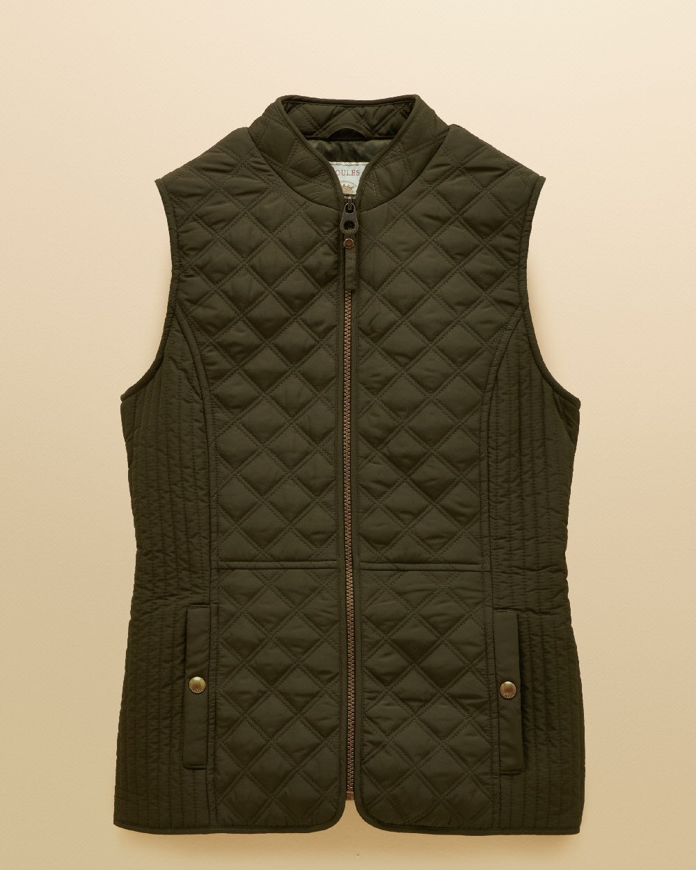 Green coloured Joules Womens Minx Showerproof Diamond Quilted Gilet on a gold background 