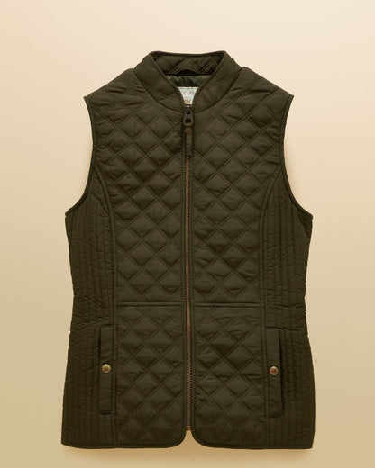 Green coloured Joules Womens Minx Showerproof Diamond Quilted Gilet on a gold background 