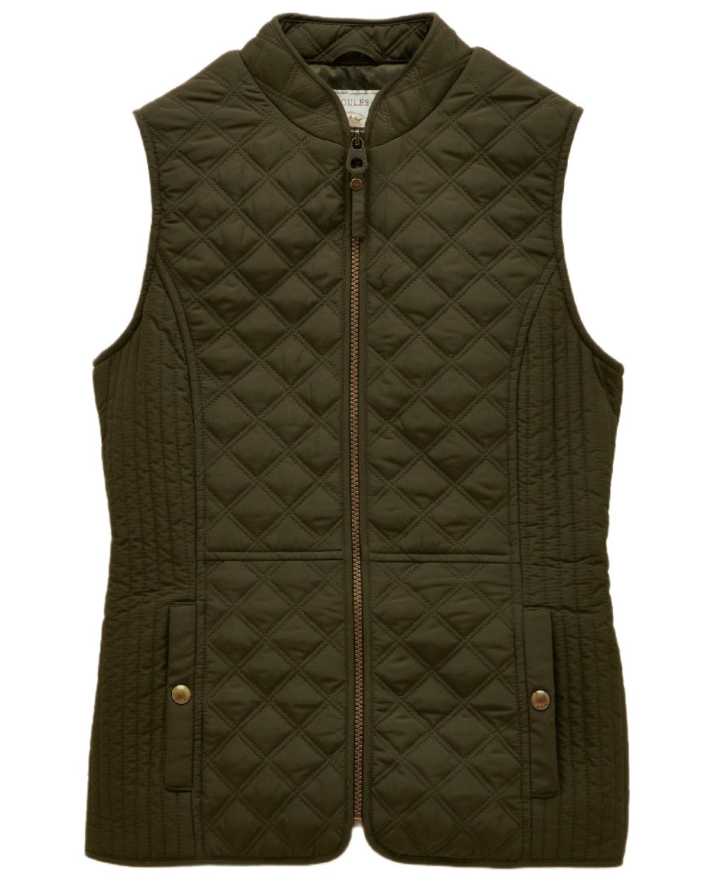 Green coloured Joules Womens Minx Showerproof Diamond Quilted Gilet on a white background 