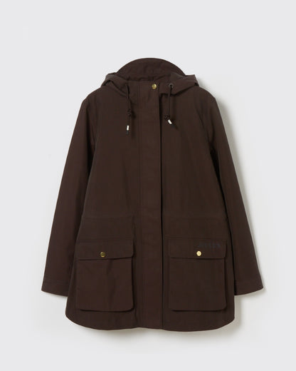 Brown Coloured Joules Portwell Waterproof Raincoat With Hood On A White Background 