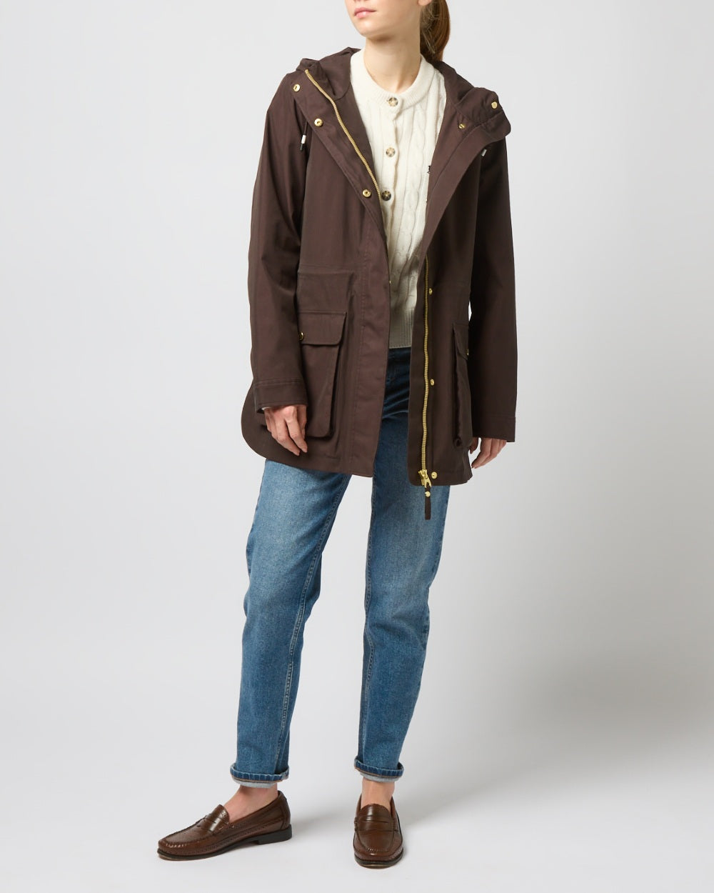 Brown Coloured Joules Portwell Waterproof Raincoat With Hood On A White Background 