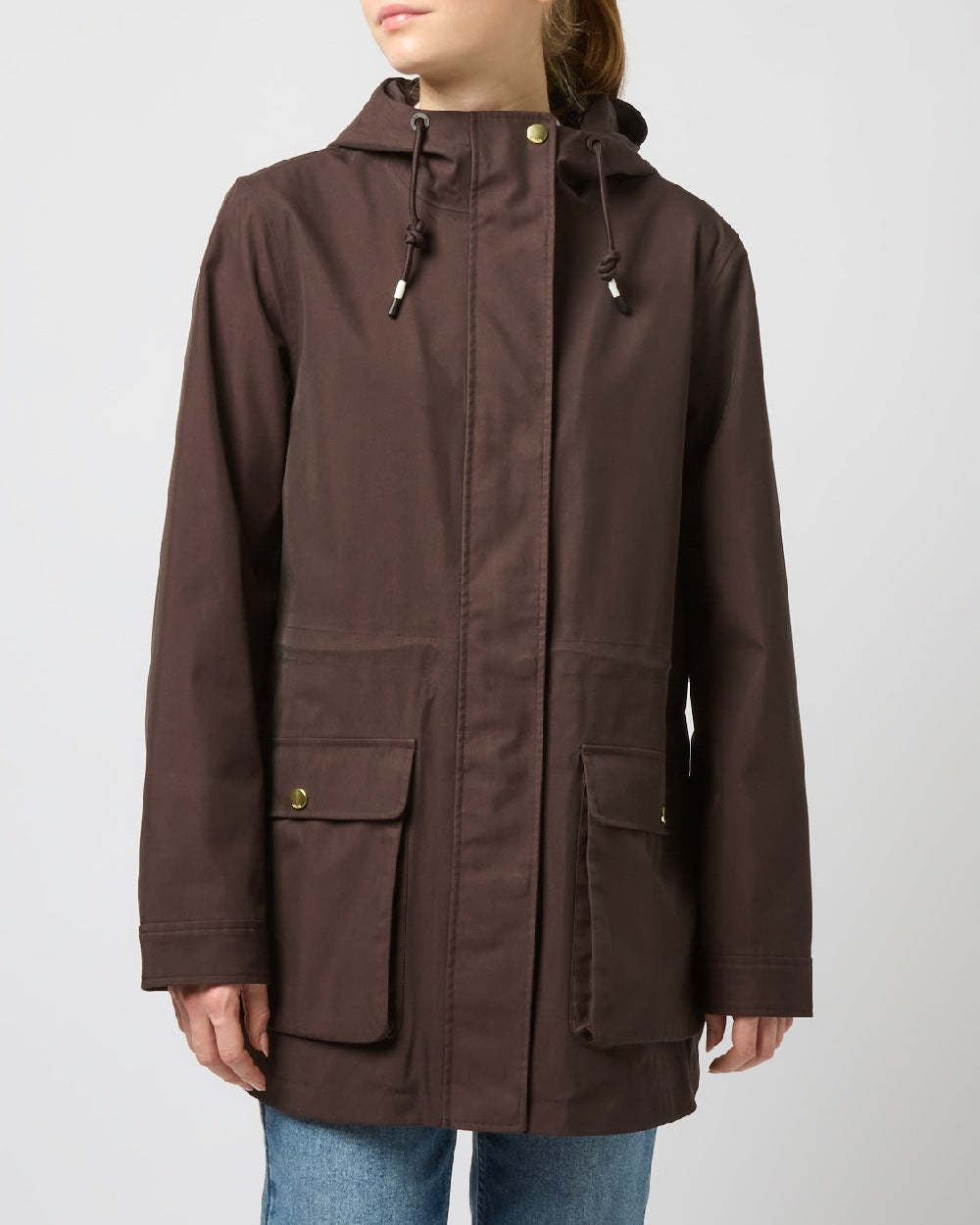 Brown Coloured Joules Portwell Waterproof Raincoat With Hood On A White Background 