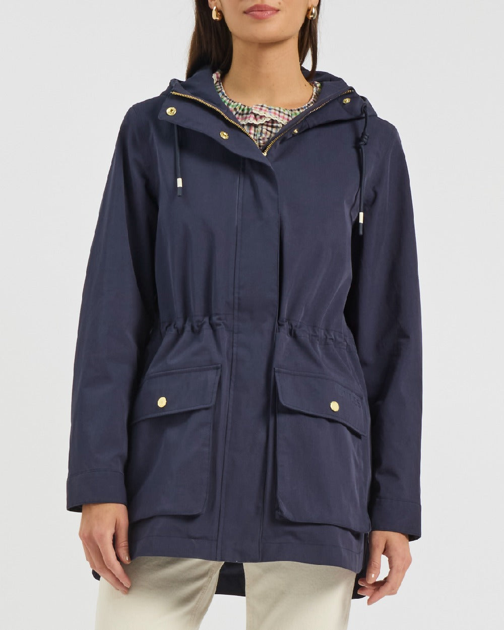 Navy Coloured Joules Portwell Waterproof Raincoat With Hood On A White Background 