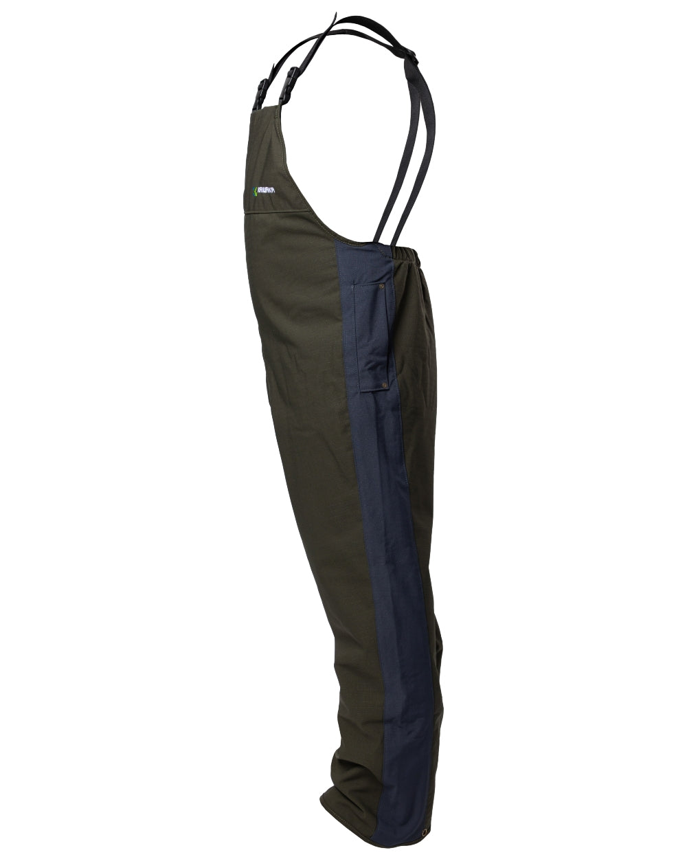 Olive coloured Kaiwaka Mens Stormforce Bib Overtrousers on white background 