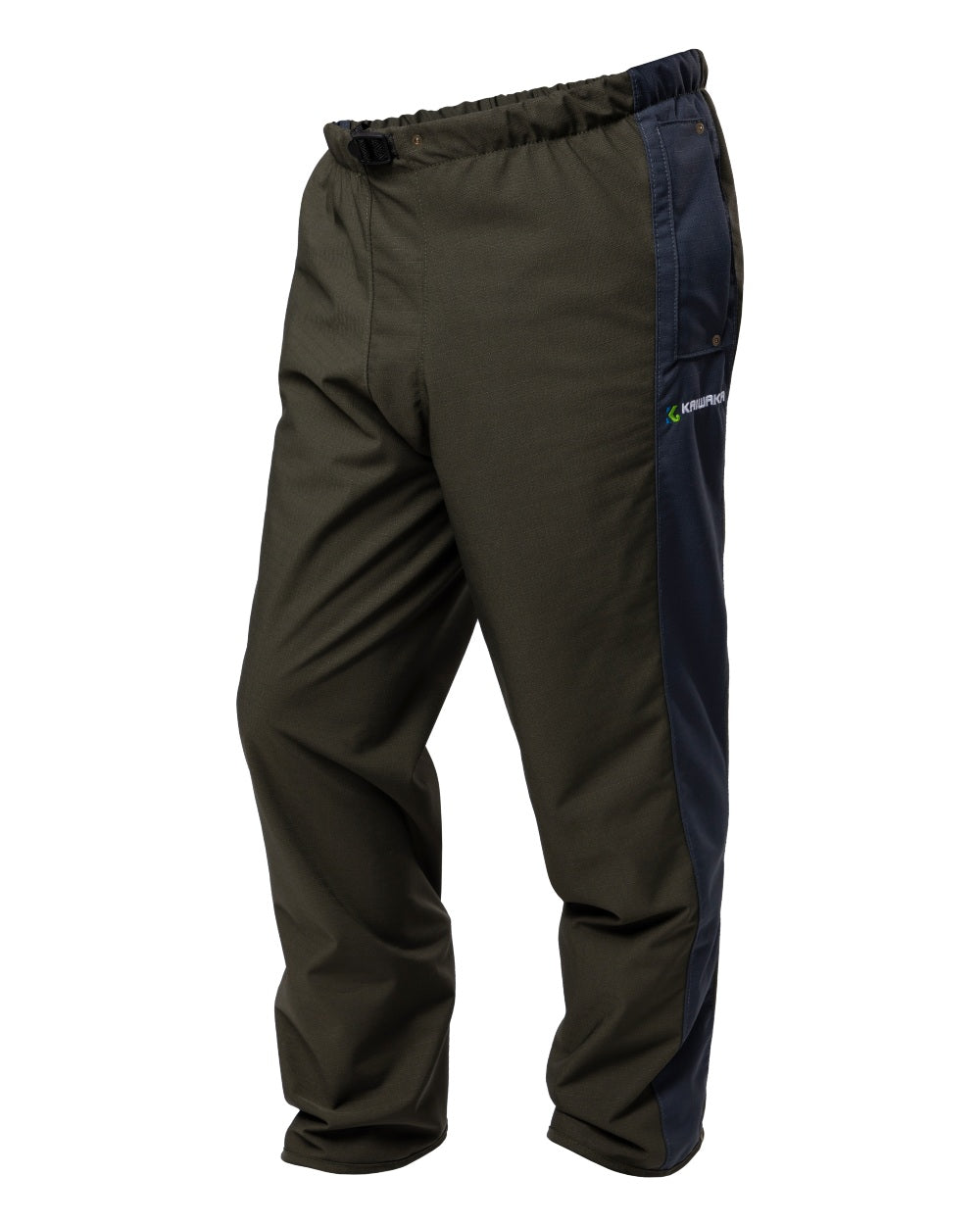 Olive coloured Kaiwaka Mens Stormforce Overtrousers on white background 