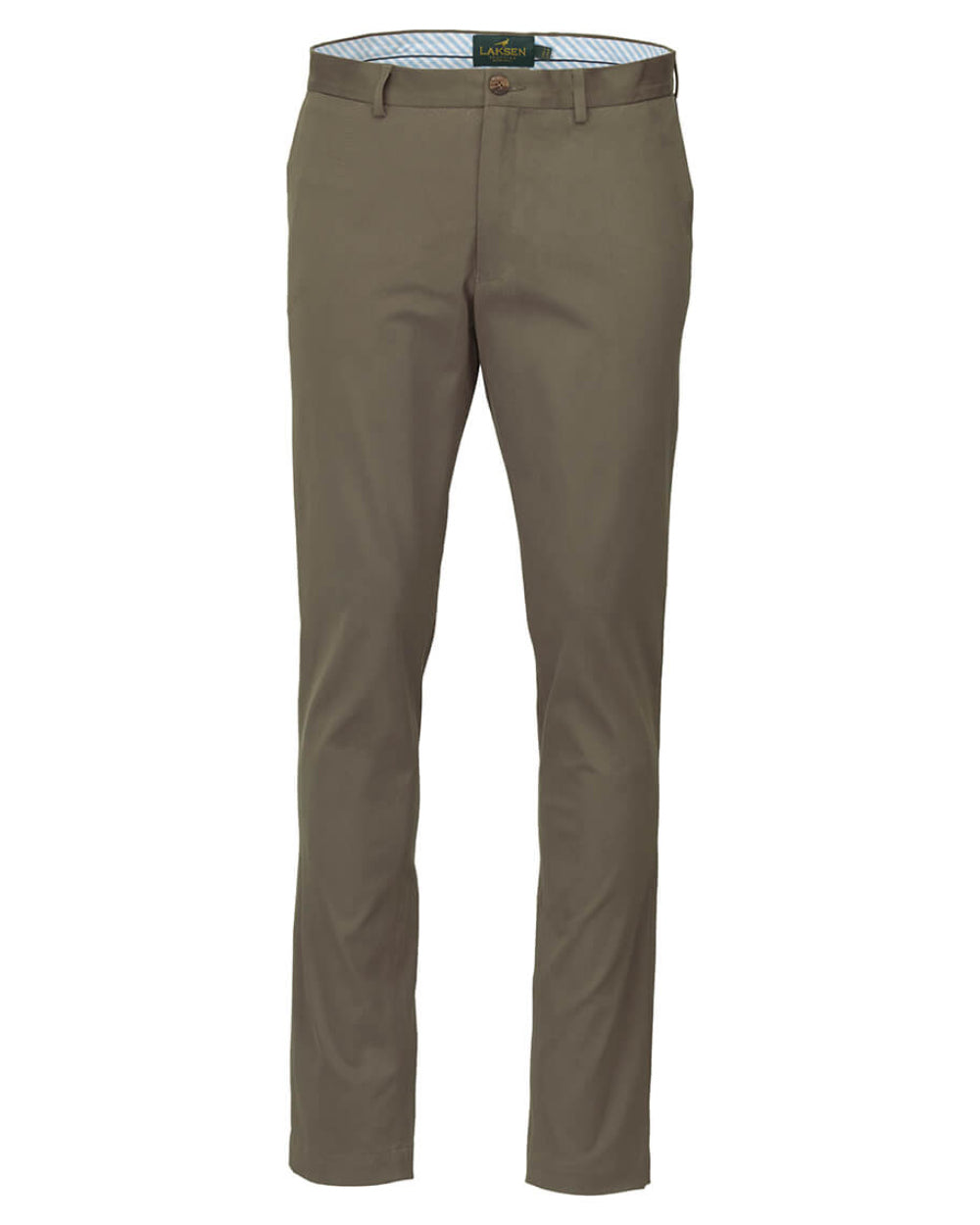 Khaki Coloured Laksen Lumley Chino Trousers On A White Background 