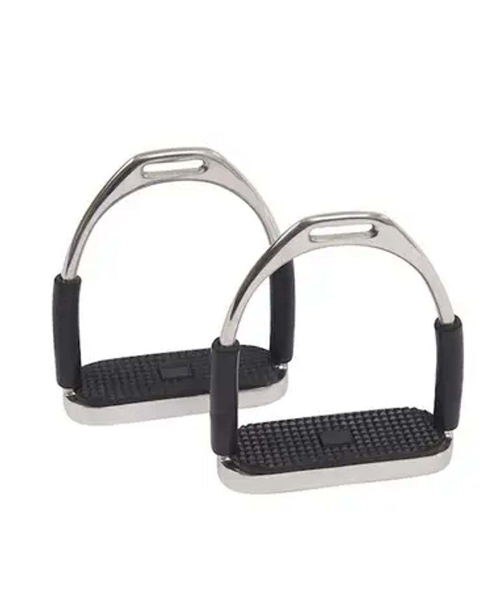 Black coloured Korsteel Flexible Fillis Stirrup Irons on white background 