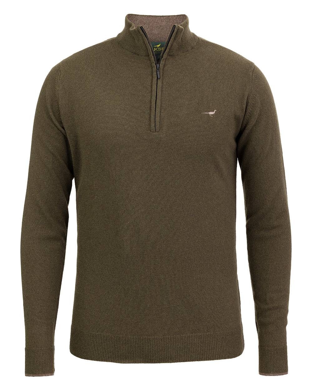 Olive Coloured Laksen Brompton Zip Neck Sweater on white background 