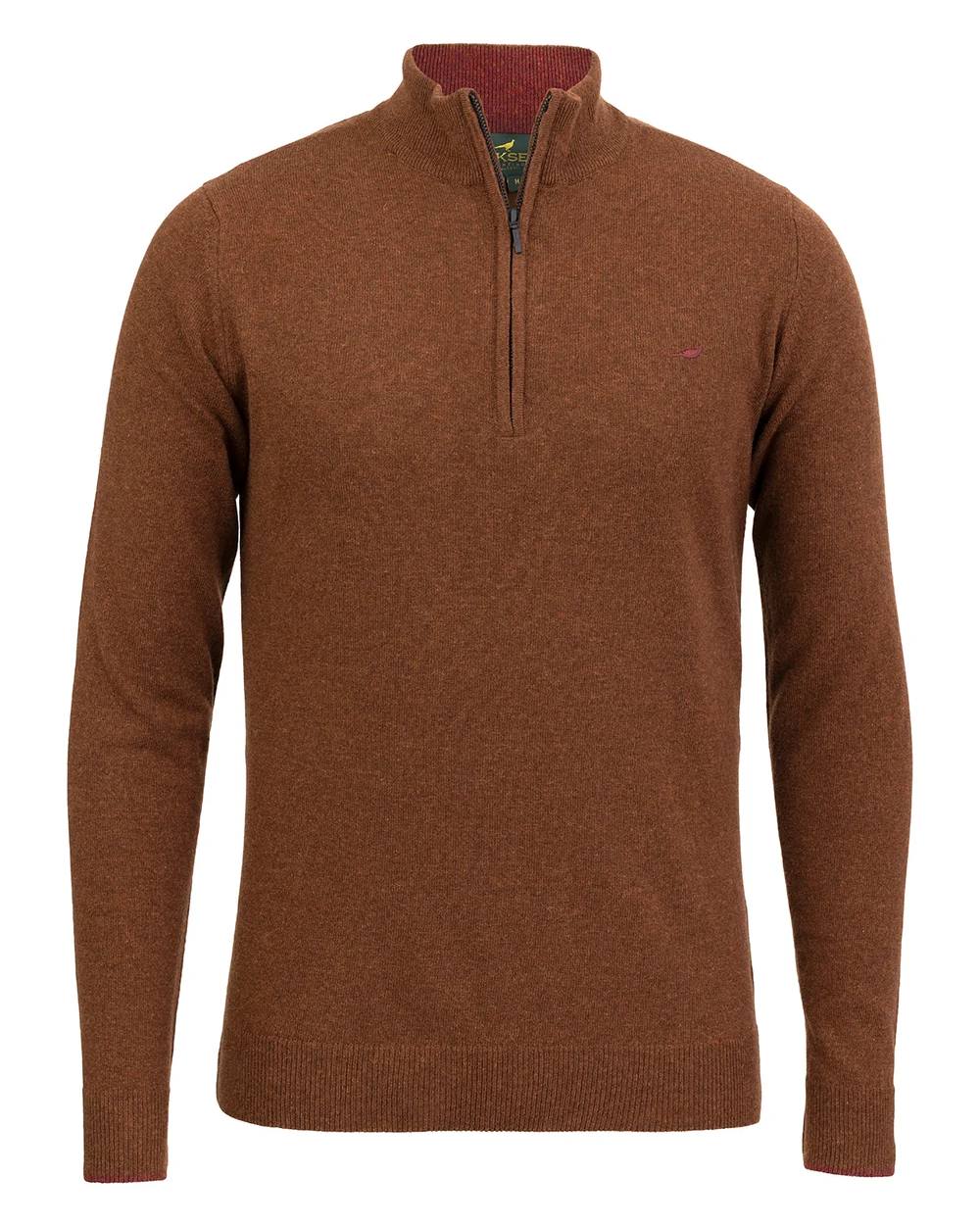 Toffee Coloured Laksen Brompton Zip Neck Sweater on white background 