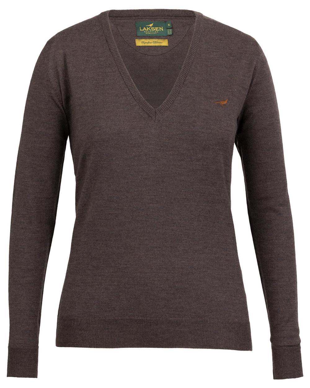 Chocolate coloured Laksen Camilla V-Neck Merino Sweater on white background 