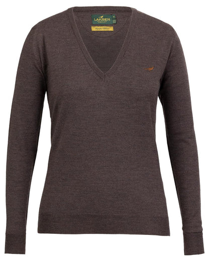 Chocolate coloured Laksen Camilla V-Neck Merino Sweater on white background 