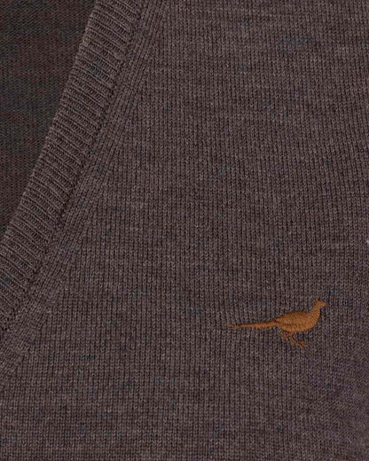 Chocolate coloured Laksen Camilla V-Neck Merino Sweater on white background 