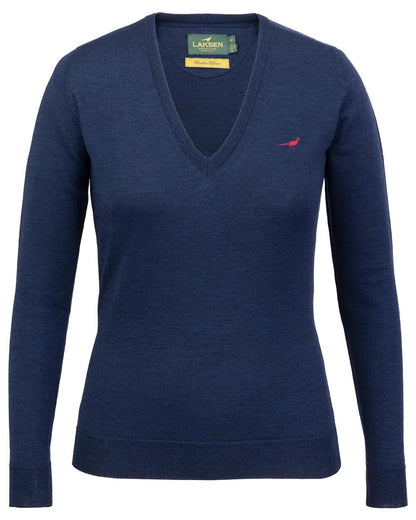 French Blue coloured Laksen Camilla V-Neck Merino Sweater on white background 