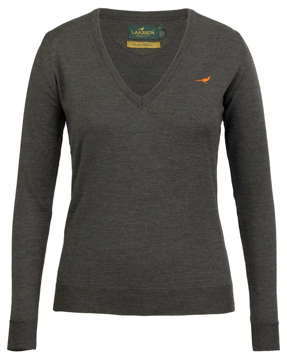 Loden Green coloured Laksen Camilla V-Neck Merino Sweater on white background 