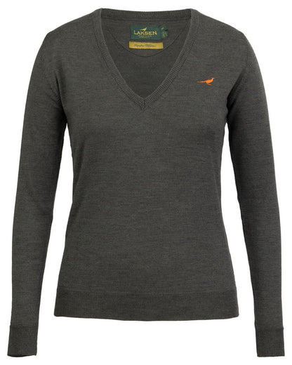 Loden Green coloured Laksen Camilla V-Neck Merino Sweater on white background 