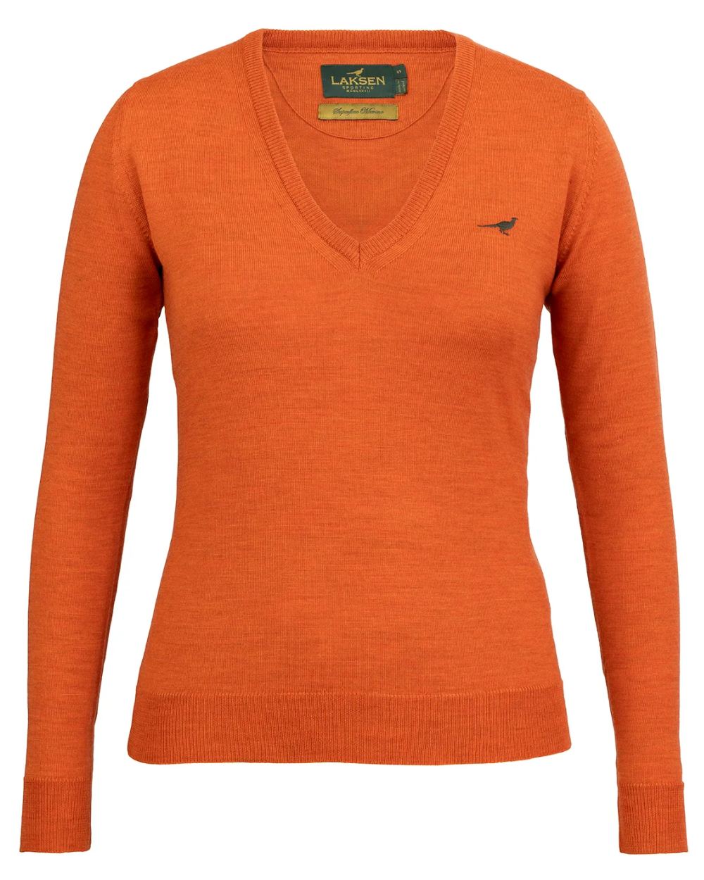 Orange coloured Laksen Camilla V-Neck Merino Sweater on white background 