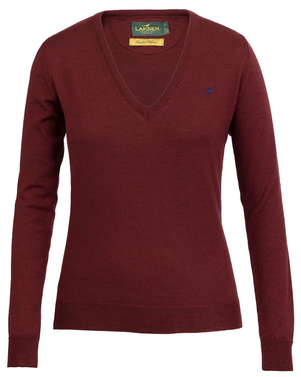 Vintage Port coloured Laksen Camilla V-Neck Merino Sweater on white background 