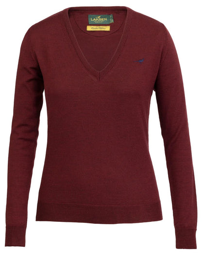 Vintage Port coloured Laksen Camilla V-Neck Merino Sweater on white background 