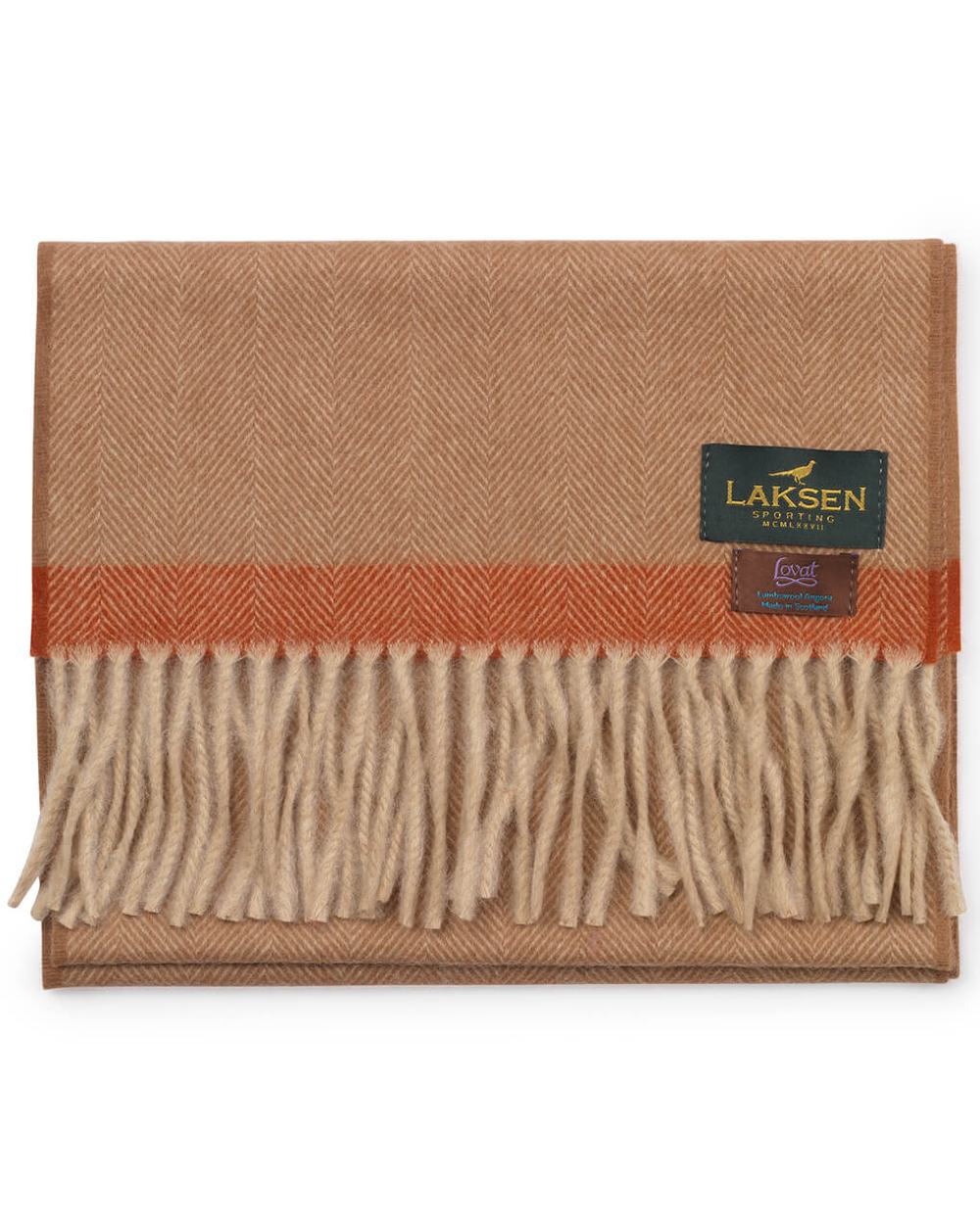 Camel coloured Laksen Cavendish Checks Scarf on white background 