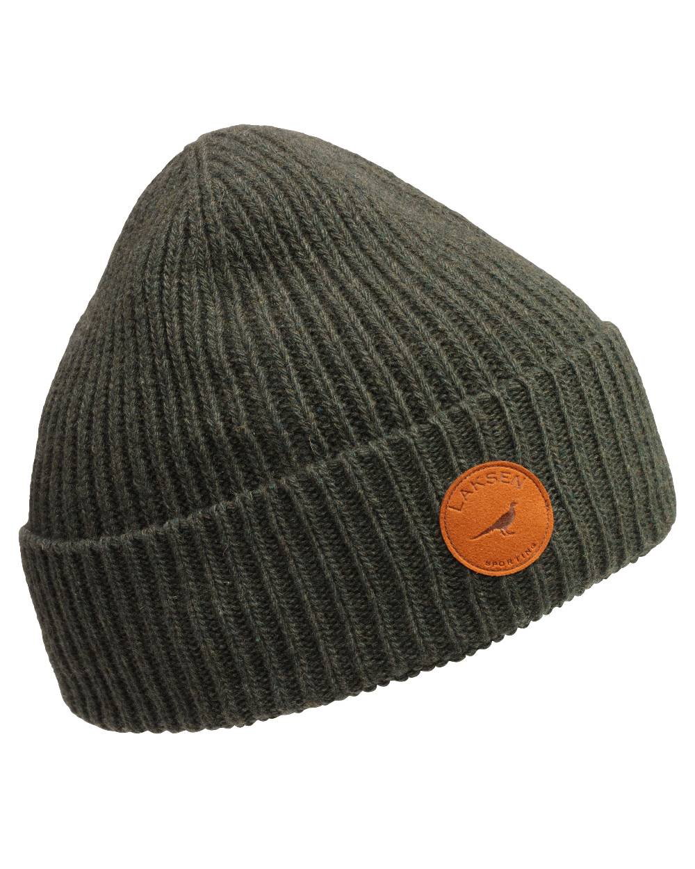 Olive coloured Laksen Dakota Beanie on white background