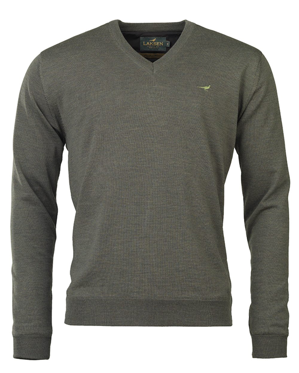 Olive coloured Laksen Grantham Windstopper V-Neck Sweater on white background 