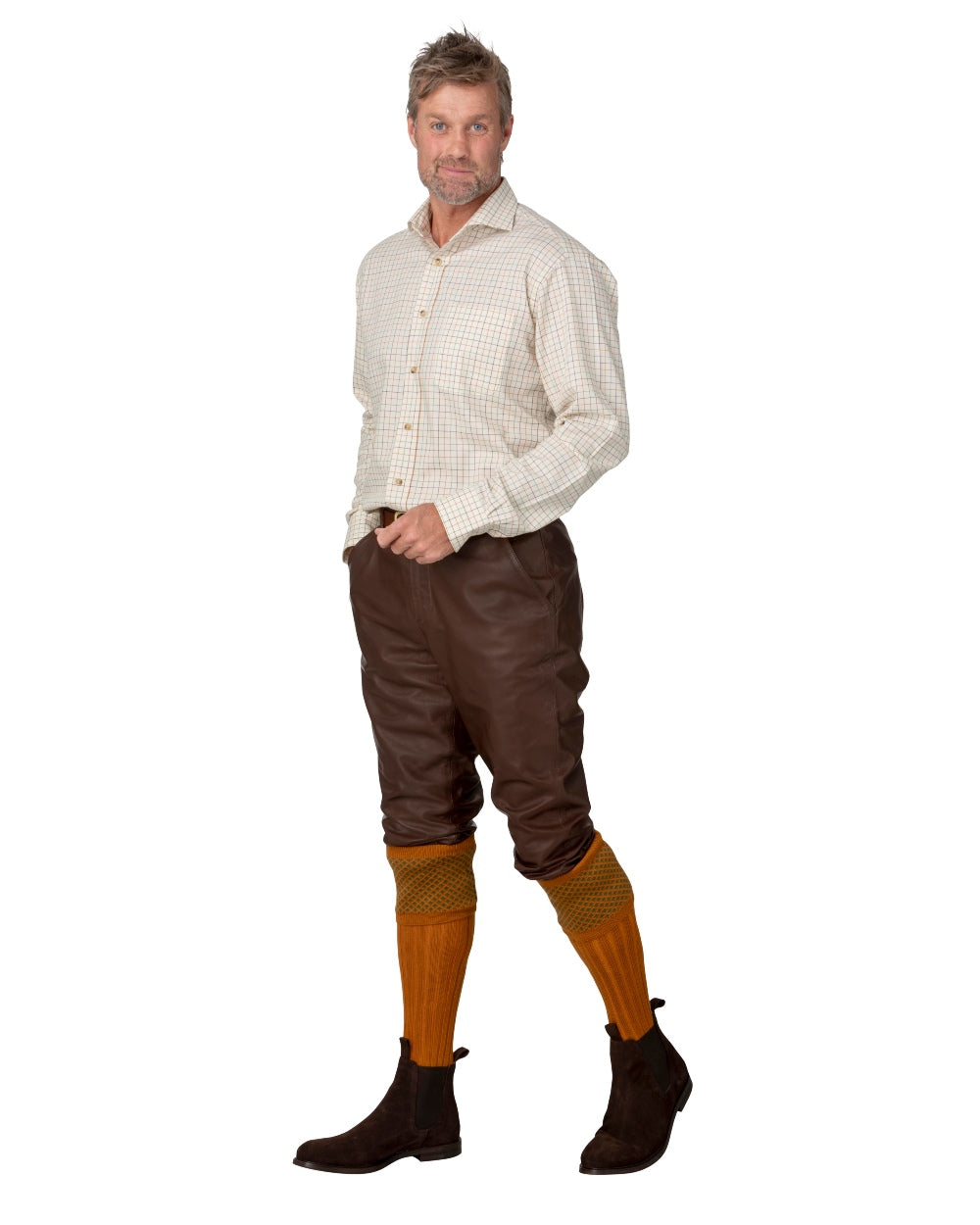Savanna Brown coloured Laksen Mens Ardennes Leather Breeks on white background 