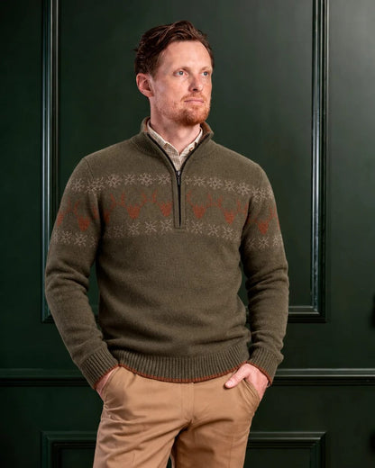 Green Coloured Laksen Mens Deer Jacquard Lambswool Sweater on Wall Panel Background 