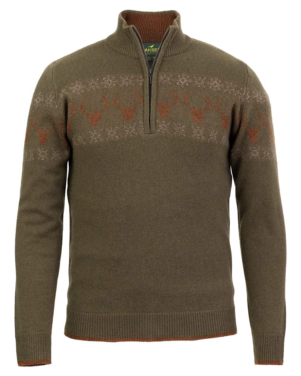 Green Coloured Laksen Mens Deer Jacquard Lambswool Sweater on White Background 