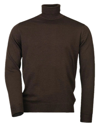 Chocolate Coloured Laksen Mens Easton Merino Roll Neck on white background 
