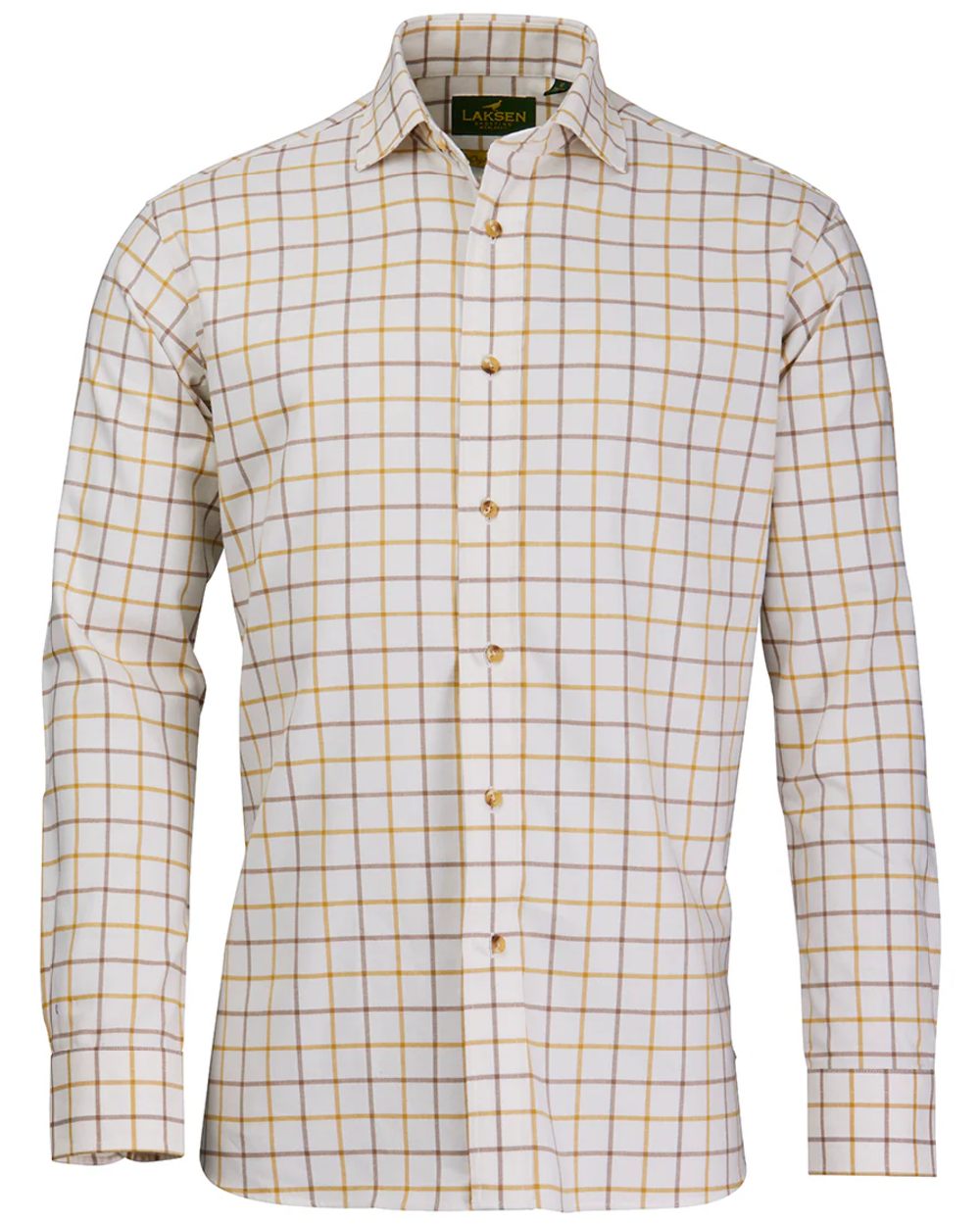 Gorse Camel Coloured Laksen Mens Edgar Brushed Organic Cotton Shirt on white background 
