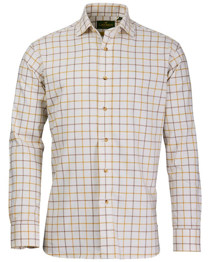 Gorse Camel Coloured Laksen Mens Edgar Brushed Organic Cotton Shirt on white background 