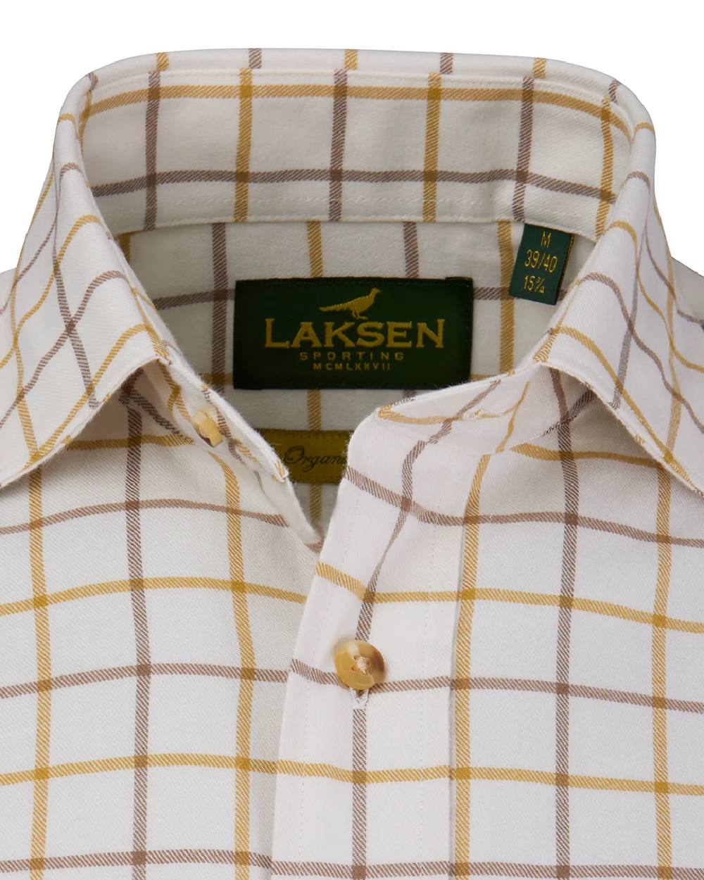 Gorse Camel Coloured Laksen Mens Edgar Brushed Organic Cotton Shirt on white background 