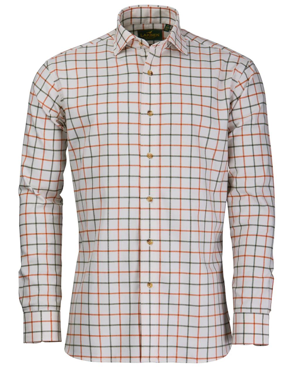 Burnt Orange Olive Coloured Laksen Mens Fabian Brushed Organic Cotton Shirt on white background 