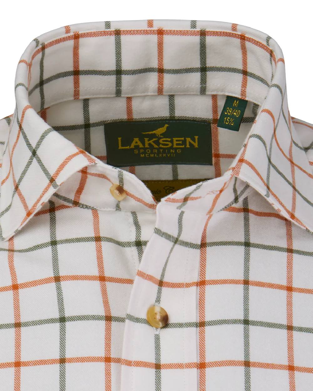 Burnt Orange Olive Coloured Laksen Mens Fabian Brushed Organic Cotton Shirt on white background 