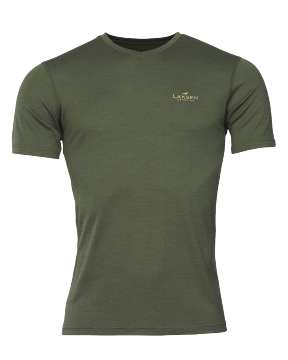 Olive Coloured Laksen Mens Lomond V-neck Tee on white background 