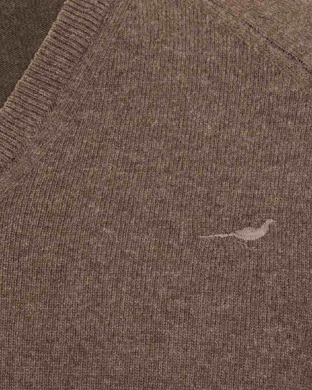 Camel Dark Coloured Laksen Mens Trent V-Neck Lambswool Sweater on white background 