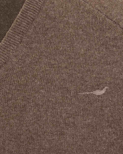 Camel Dark Coloured Laksen Mens Trent V-Neck Lambswool Sweater on white background 