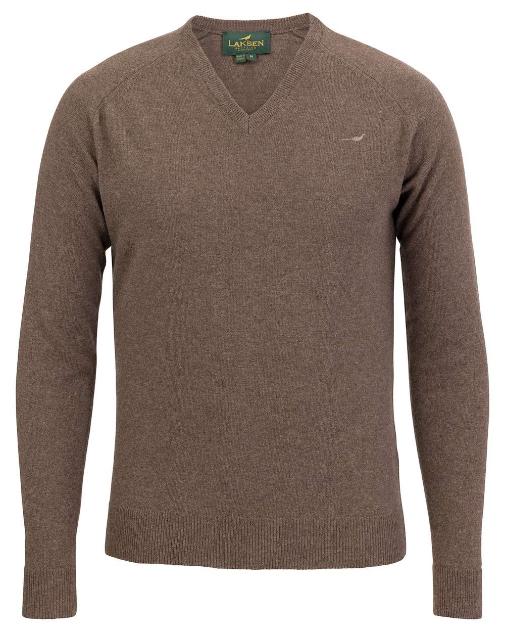Camel Dark Coloured Laksen Mens Trent V-Neck Lambswool Sweater on white background 
