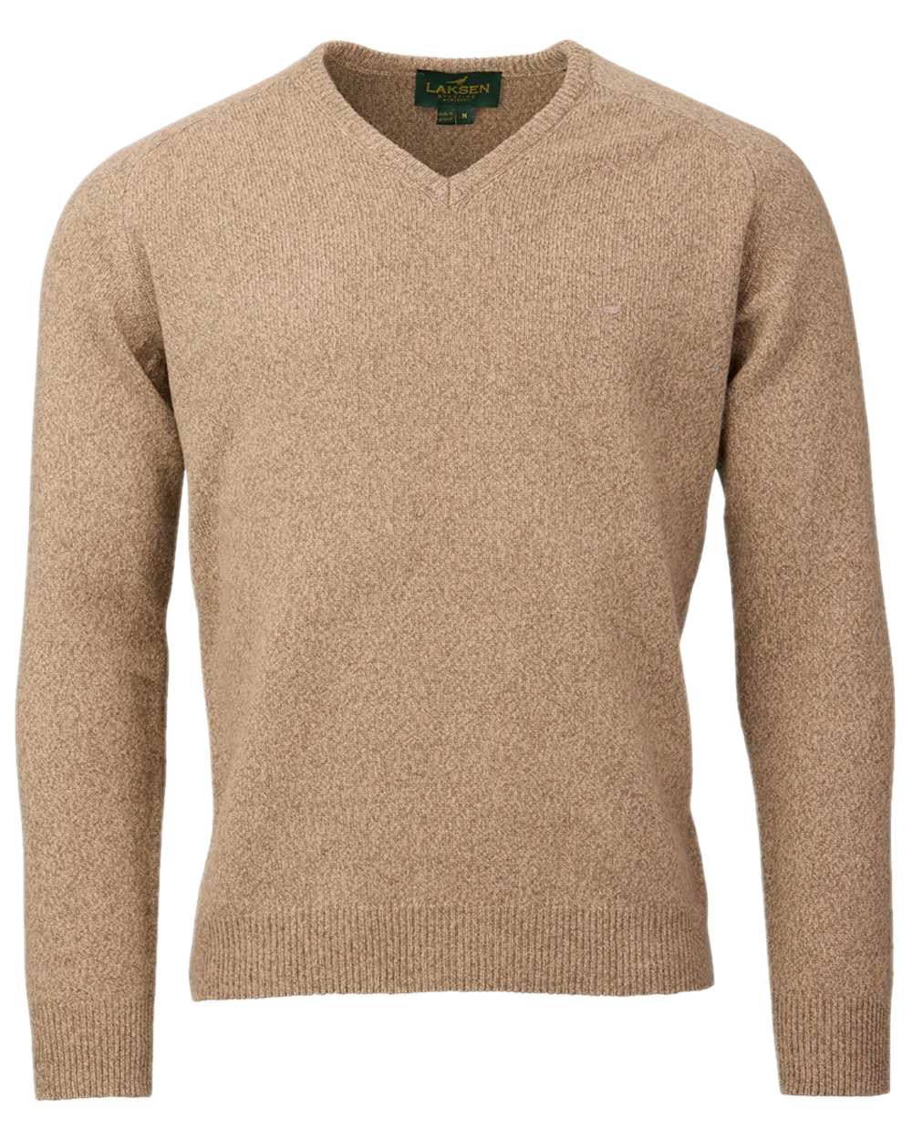 Camel Coloured Laksen Mens Trent V-Neck Lambswool Sweater on white background 