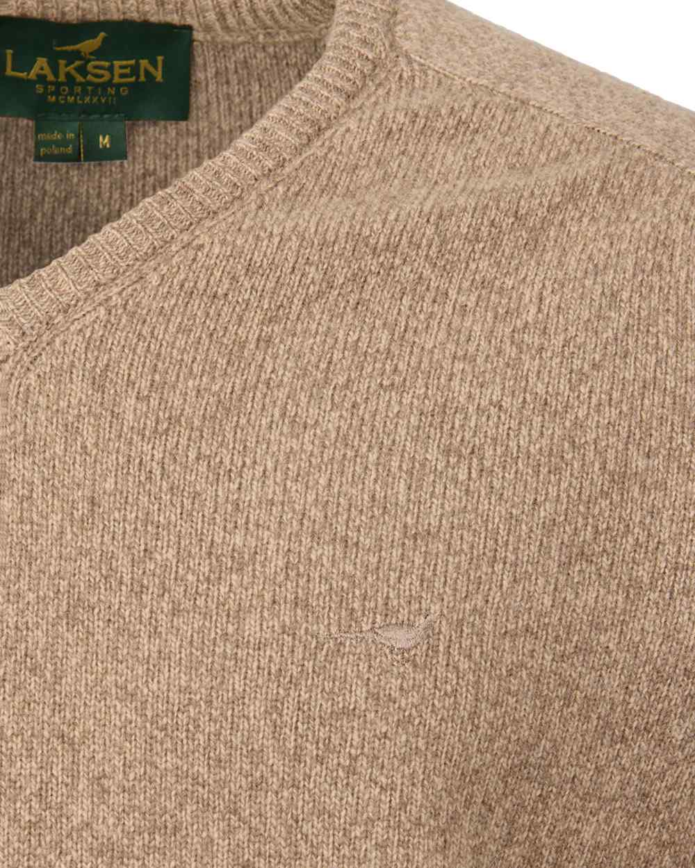 Camel Coloured Laksen Mens Trent V-Neck Lambswool Sweater on white background 