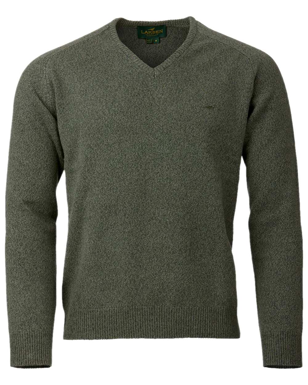 Forest Coloured Laksen Mens Trent V-Neck Lambswool Sweater on white background 