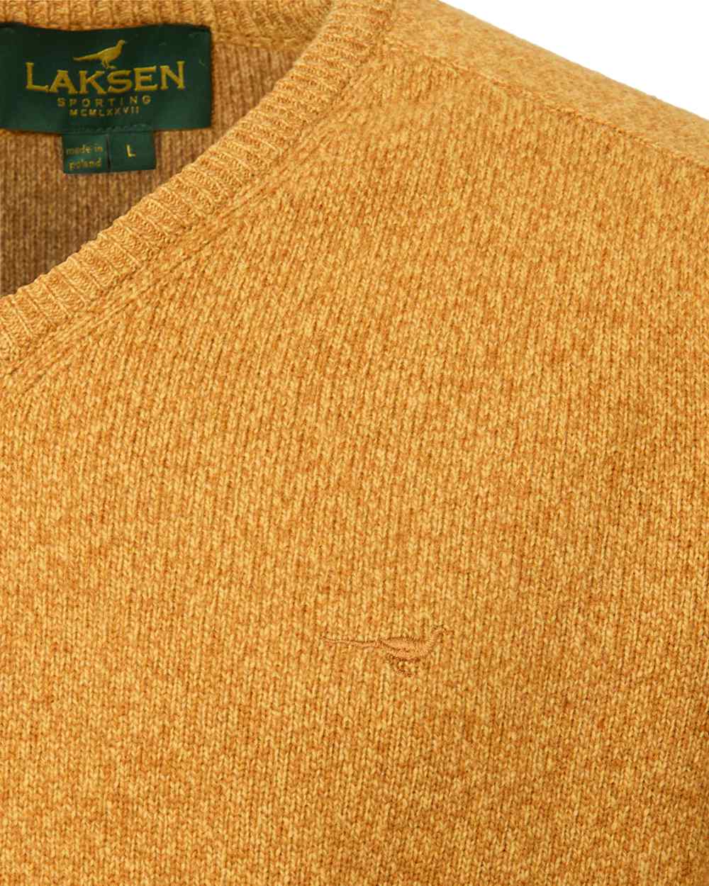 Gorse Coloured Laksen Mens Trent V-Neck Lambswool Sweater on white background 