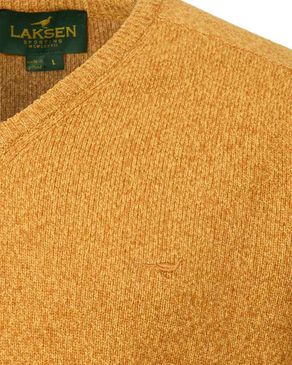 Gorse Coloured Laksen Mens Trent V-Neck Lambswool Sweater on white background 