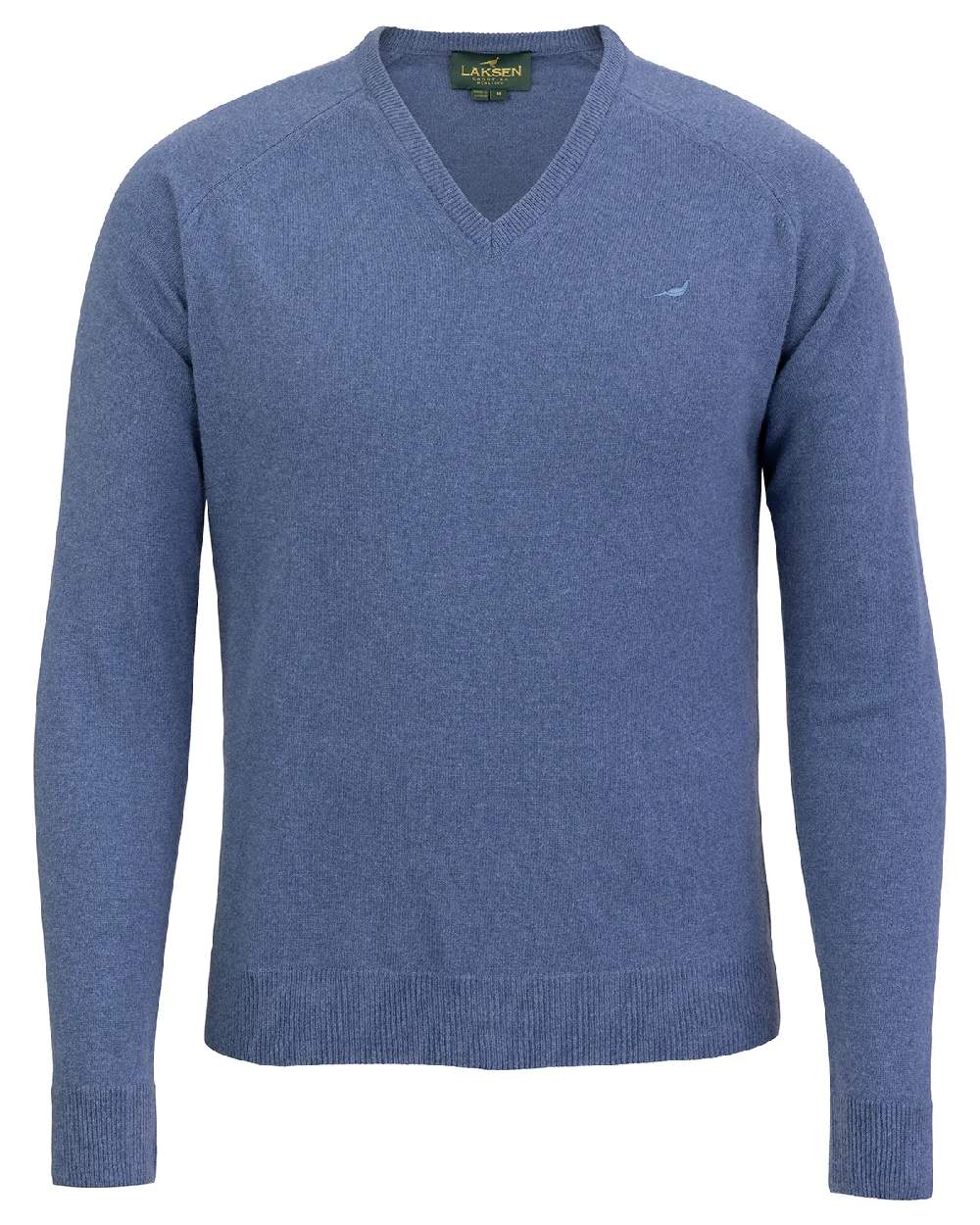 Loch blue Coloured Laksen Mens Trent V-Neck Lambswool Sweater on white background 