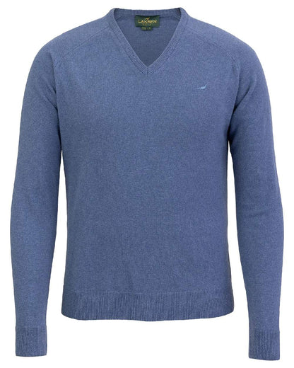 Loch blue Coloured Laksen Mens Trent V-Neck Lambswool Sweater on white background 