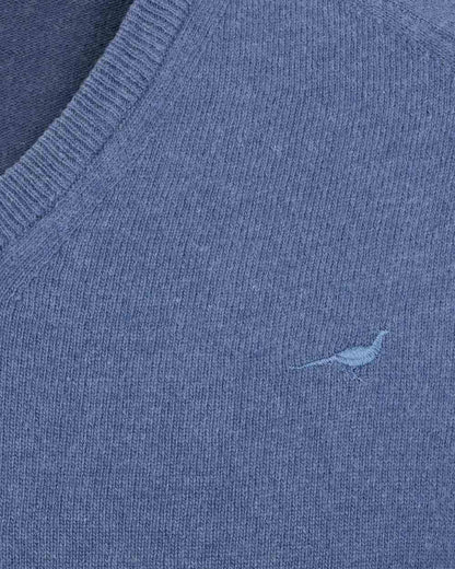 Loch blue Coloured Laksen Mens Trent V-Neck Lambswool Sweater on white background 
